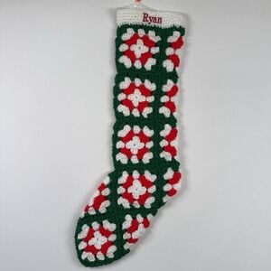 Christmas Stocking Granny Square Handmade Crochet Vintage Red Green Ryan